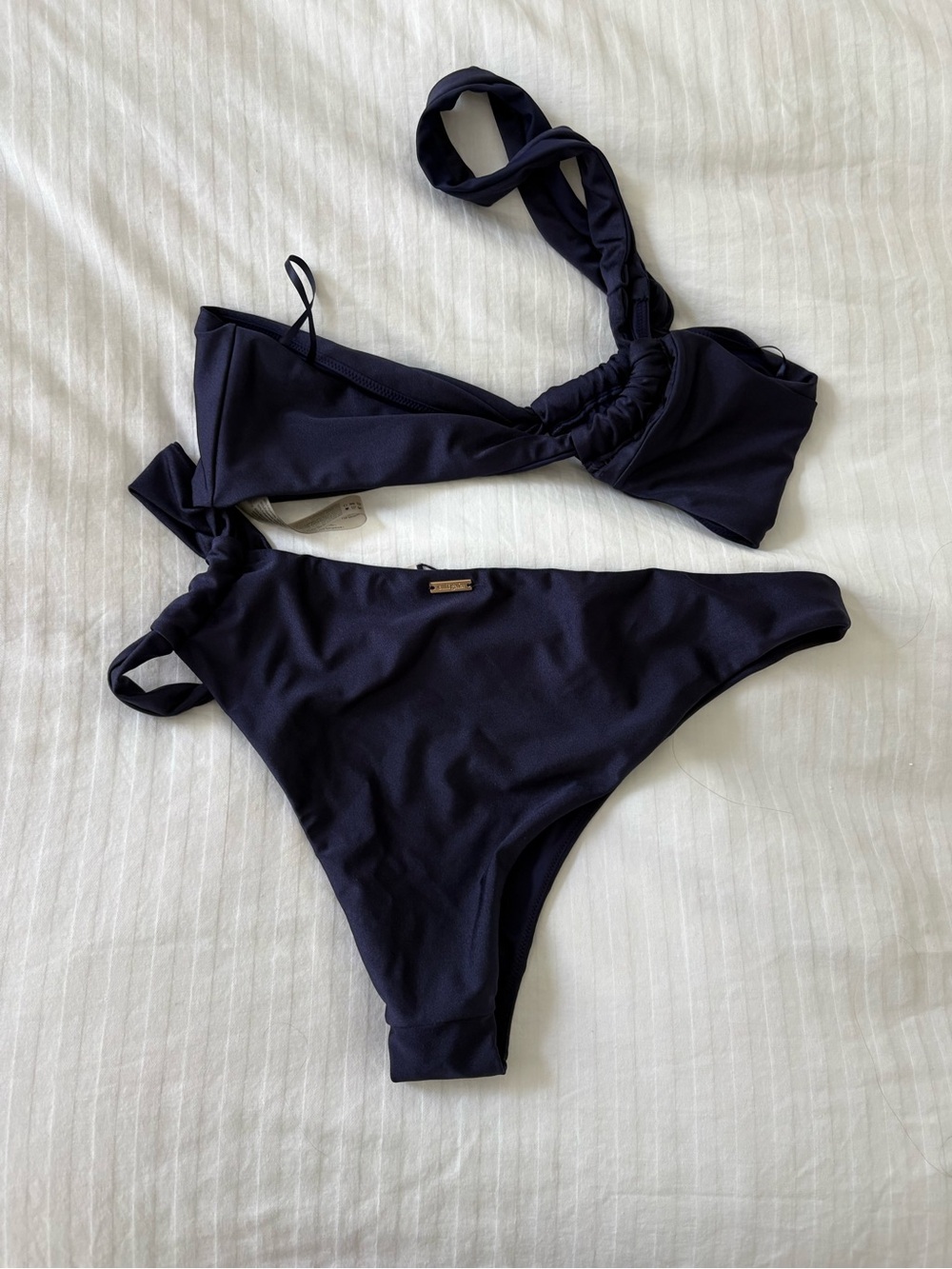 cult gaia deep navy bikini top with gold logo - XL